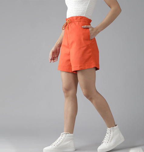 Women Coral Orange Denim Pure Cotton Shorts